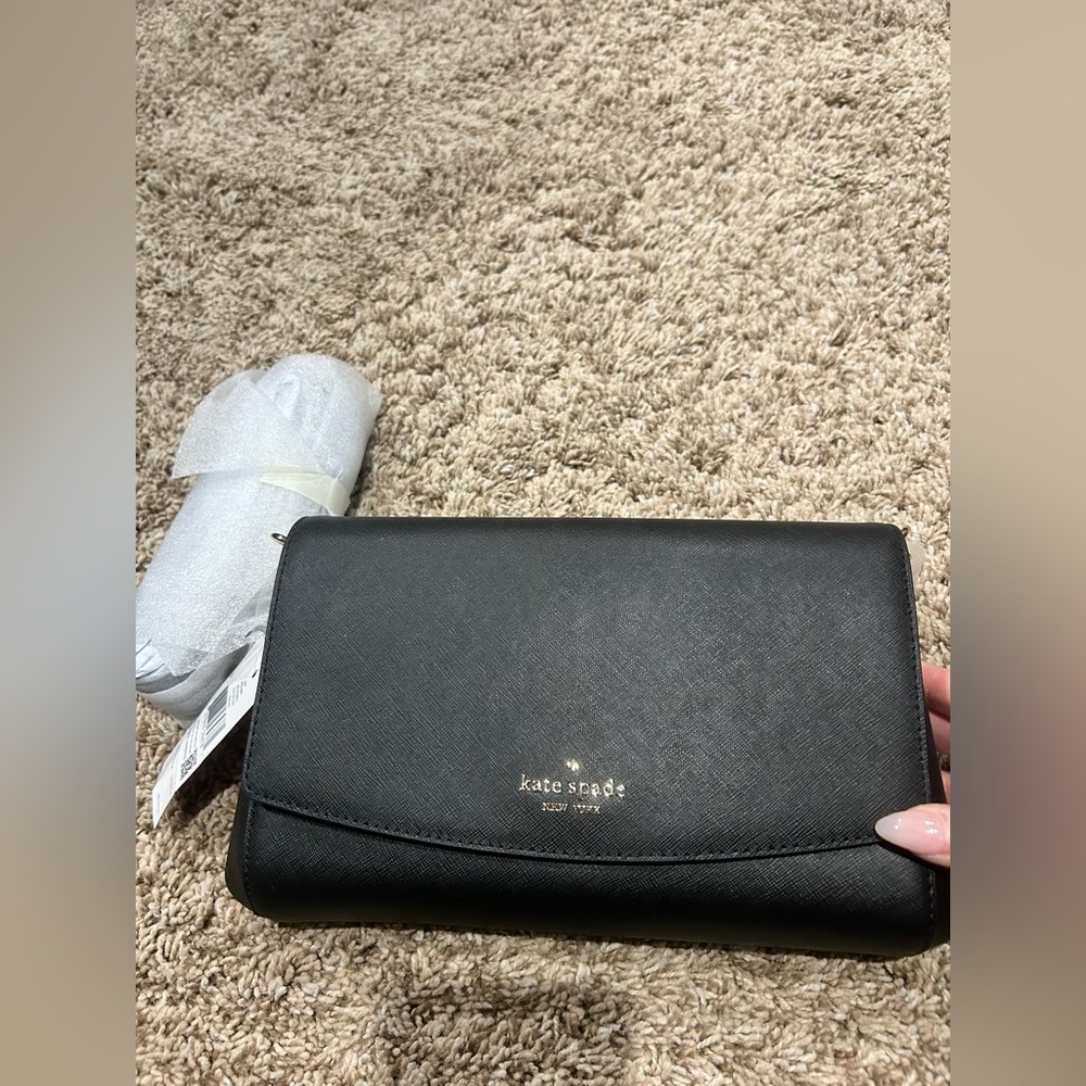 kate spade Black Saffiano Crossbody Wallet with Gold Logo